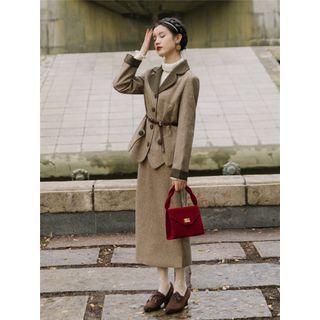 Set: Plaid Single-breasted Blazer + Midi Straight-fit Skirt