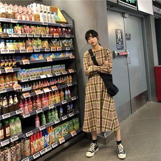Long-sleeve Plaid Midi A-line Dress Plaid - Khaki - One Size
