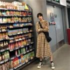 Long-sleeve Plaid Midi A-line Dress Plaid - Khaki - One Size