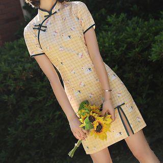 Swan Print Short-sleeve Mini Qipao