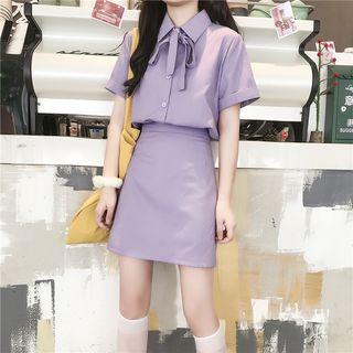 Set: Tie Neck Short-sleeve Shirt + A-line Skirt