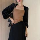 Long-sleeve Square-neck Velvet Fitted Top