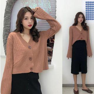Front Slit Knitted Pencil Skirt / V-neck Cardigan