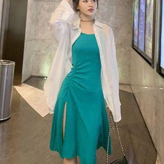 Set: Plain Shirt + Halter Midi A-line Dress