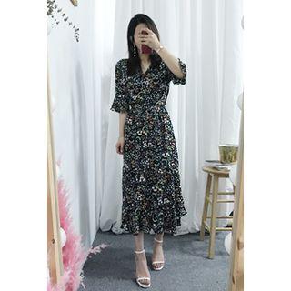 3/4-sleeve Floral Print Long Chiffon Dress