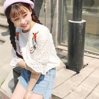 3/4-sleeve Embroidered Perforated Panel Top