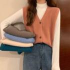 Plain Oversize Vest Cardigan / Long-sleeve Semi High-neck Underlay Top