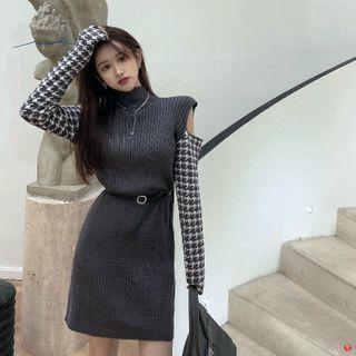 Turtleneck Houndstooth Panel Sweater Dress Gray - One Size