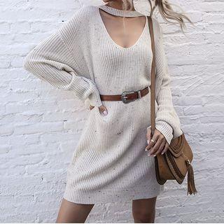 Long-sleeve Melange Cutout Knit Mini Dress
