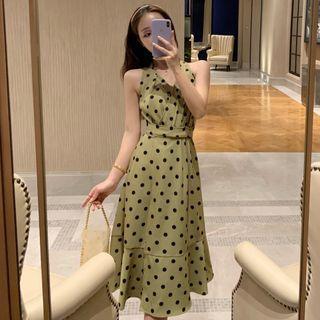 Halter-neck Dotted Midi A-line Dress