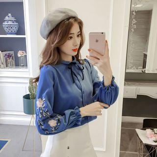 Flower Embroidered Tie-neck Shirt