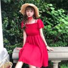 Cold-shoulder Smocked Chiffon Dress Red - One Size