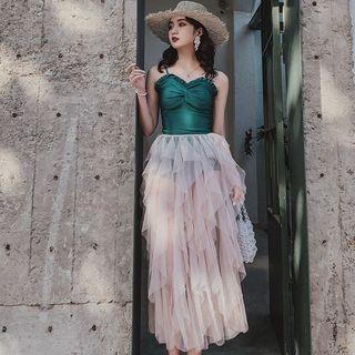 Set: Shirred Tankini + Mesh Layered Skirt