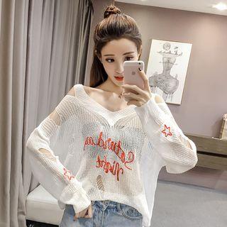 Embroidered Distressed Cold Shoulder V-neck Sweater