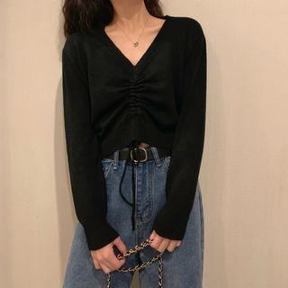 V-neck Drawstring Cropped Sweater