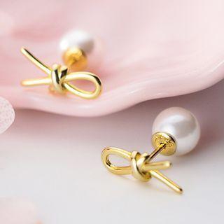 Knot Alloy Faux Pearl Earring 1 Pair - S925 Silver - Gold - One Size