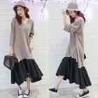 Color Block 3/4-sleeve A-line Midi Dress