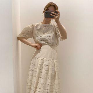 Short-sleeve Crochet Frill Trim Top / High-waist Crochet Midi Skirt