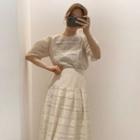 Short-sleeve Crochet Frill Trim Top / High-waist Crochet Midi Skirt
