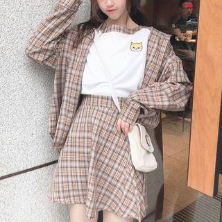 Long-sleeve Plaid Shirt / Mini A-line Plaid Skirt / Short-sleeve Embroidered T-shirt