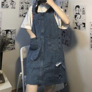 Front Pocket Distressed Denim Overall Dress