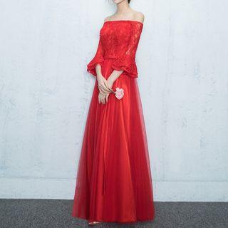 Off Shoulder 3/4 Sleeve Wedding Gown