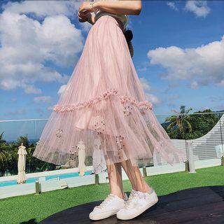 Midi Beaded A-line Mesh Skirt