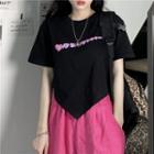 Short-sleeve Heart Print Asymmetrical Hem Cropped T-shirt