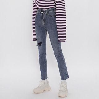 Asymmetric-waist Distressed Jeans