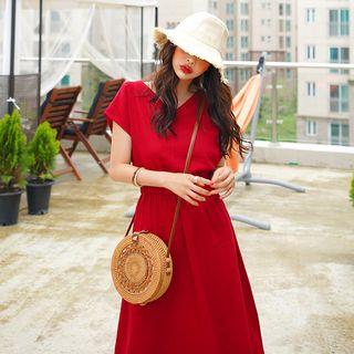 Cap-sleeve Gathered-waist Long Dress