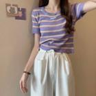 Short Sleeve Round Neck Striped Crop T-shirt