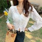 Lace V-neck Long-sleeve Cropped Top White - One Size
