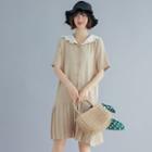 Collared Elbow-sleeve Pleated Mini A-line Dress