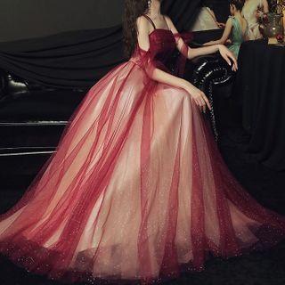 Sheer Panel Strappy A-line Evening Gown