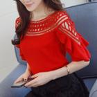 Perforated Elbow Sleeve Chiffon Top