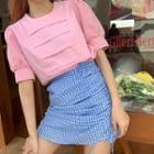 Short-sleeve Top / Plaid Drawstring Straight-fit Skirt