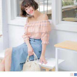 Off-shoulder Layered Ruffle Plaid Top
