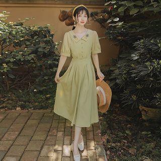 Pineapple Embroidered Short-sleeve Midi A-line Dress