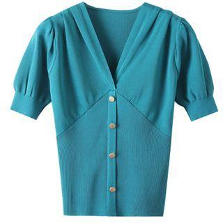 Puff-sleeve V-neck Knit Crop Top