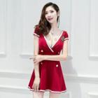 V-neck Open-back Short-sleeve Mini A-line Dress