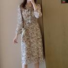 Long-sleeve Floral Print Chiffon A-line Midi Dress / Knit Vest