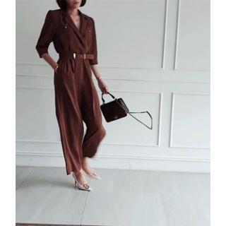 Notched-lapel Wide-leg Jumpsuit With Belt