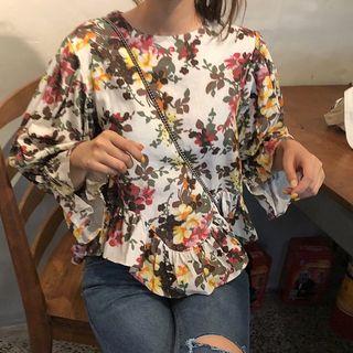Floral 3/4-sleeve Blouse Green Floral -white - One Size
