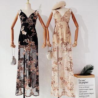 Spaghetti Strap Open-back Sequined Maxi Dress