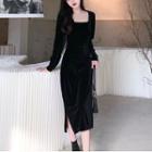 Long-sleeve Bow Back Sheath Midi Velvet Dress