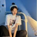 Short-sleeve Lettering Cat Print T-shirt White - One Size