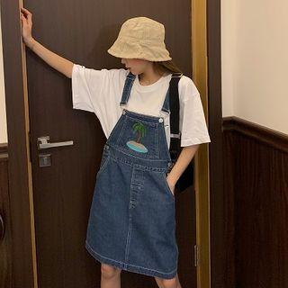 Embroidered Denim Strap Dress Blue - One Size