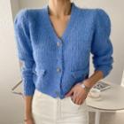 Puff-sleeve Metallic-button Cropped Cardigan
