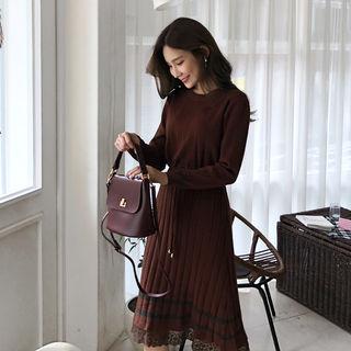 Drawstring-waist Lace-hem Knit Dress