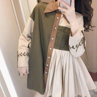 Long-sleeve Plain Panel Shirtdress